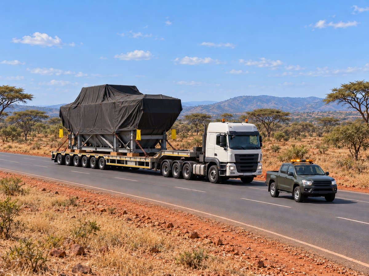 Covered plant load on a multi-axle lowbed with a pilot vehicle ahead