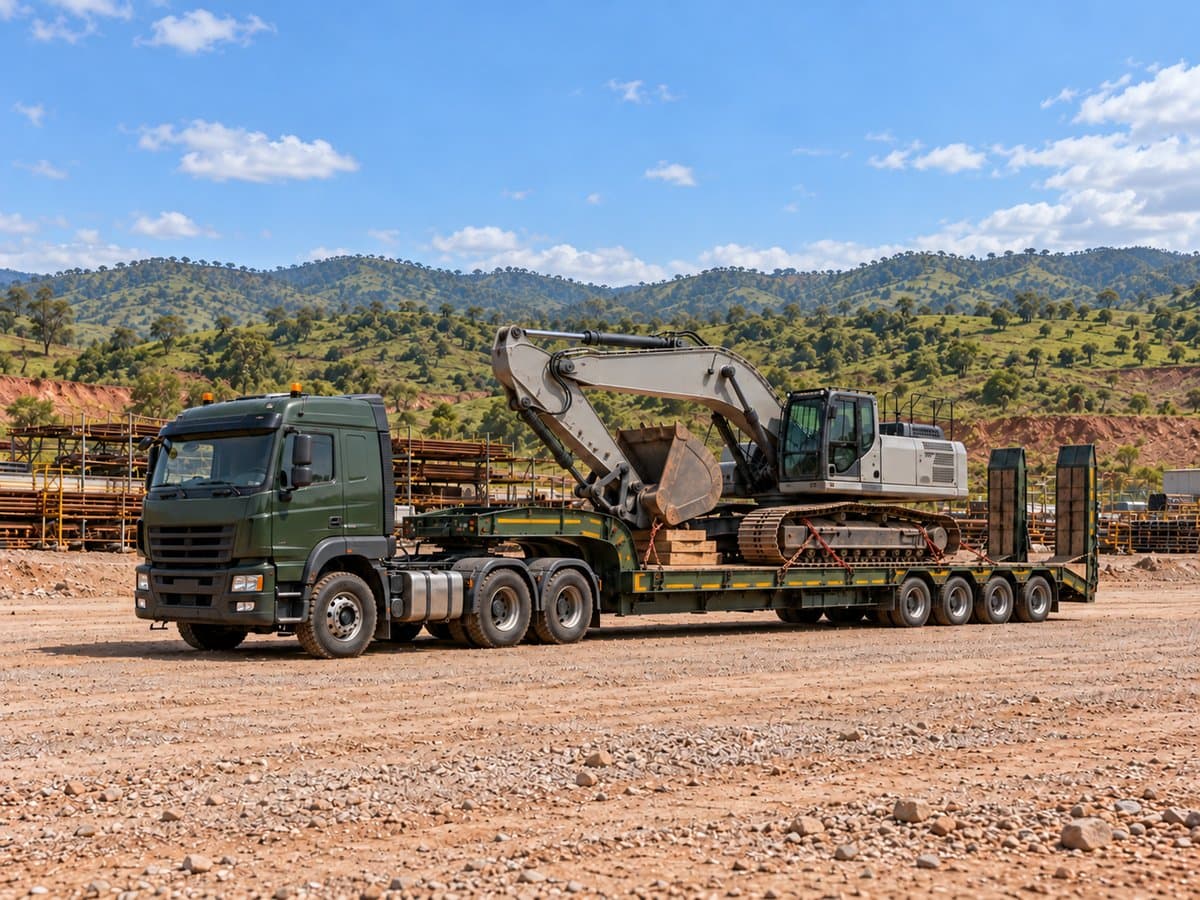 Tracked excavator chained to a lowbed trailer in an equipment yard