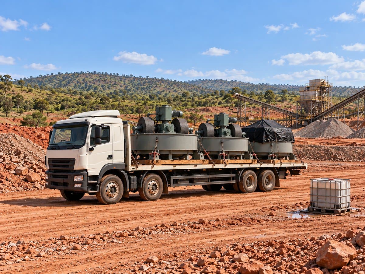 Flatbed truck carrying three wet pan mills, one under a black cover