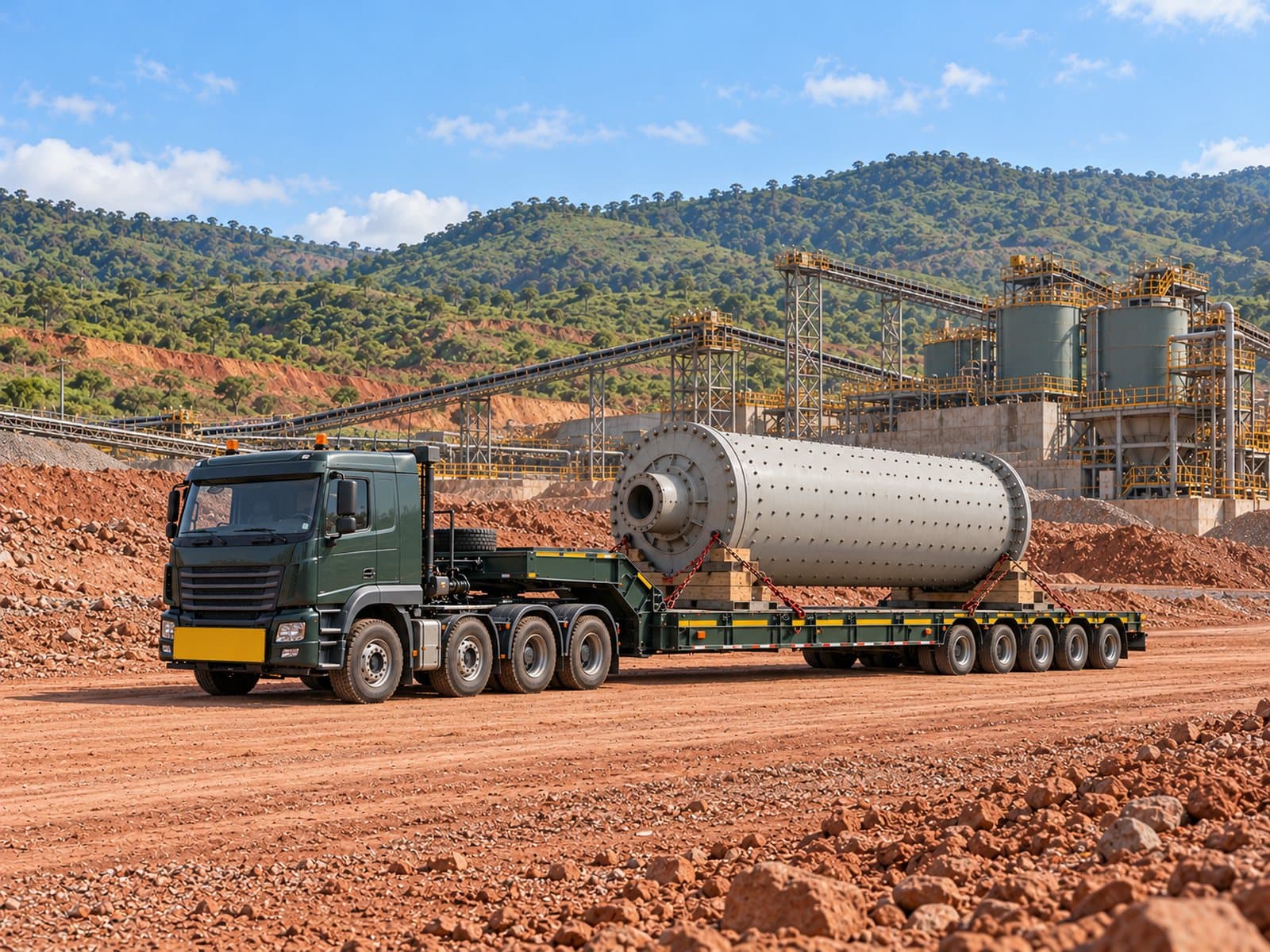 Lowbed truck carrying a ball mill shell on timber blocks