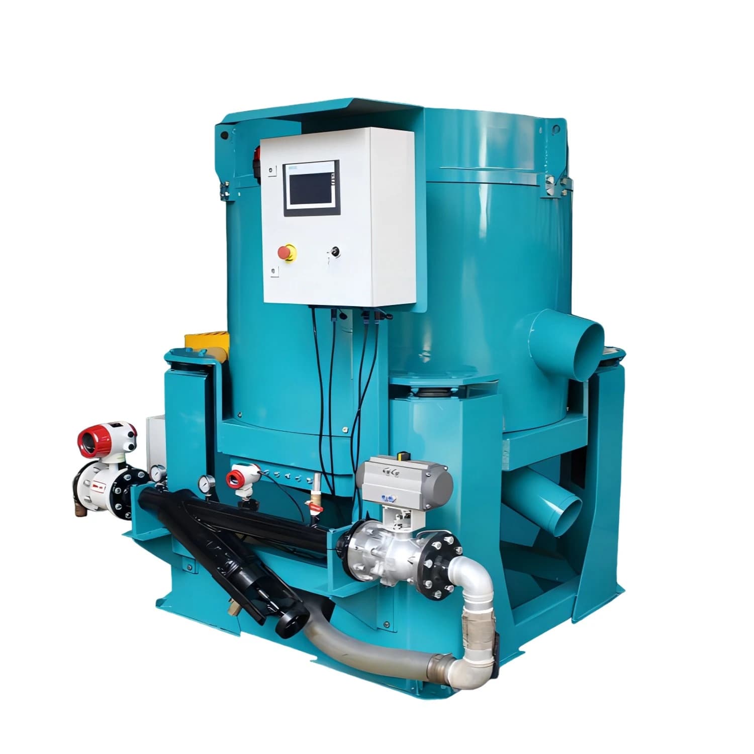 A centrifugal gold concentrator uses a spinning bowl and water to separate heavy gold particles from slurry.