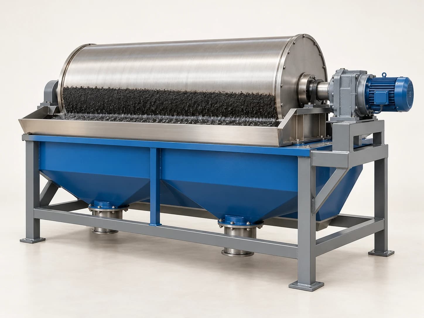 A horizontal wet drum magnetic separator above a slurry tank with two product outlets