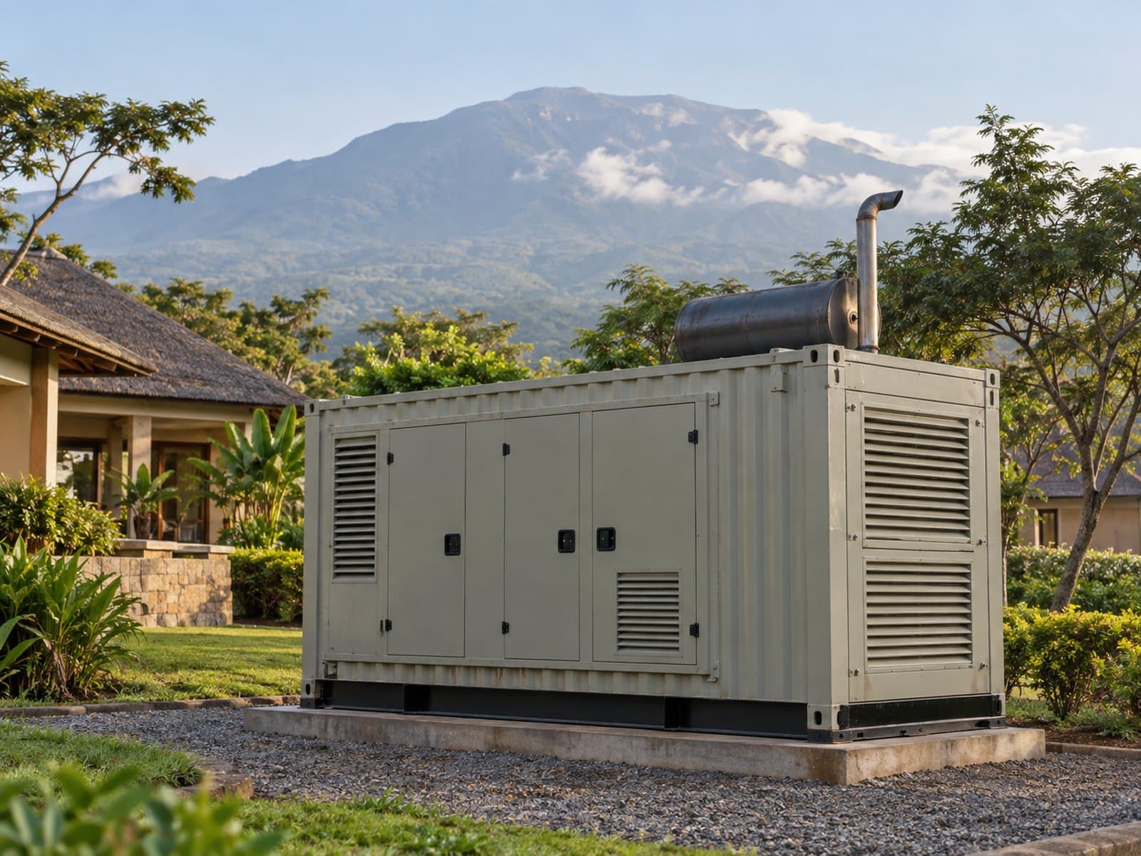 Containerised generator providing standby power at a hotel near the mountains