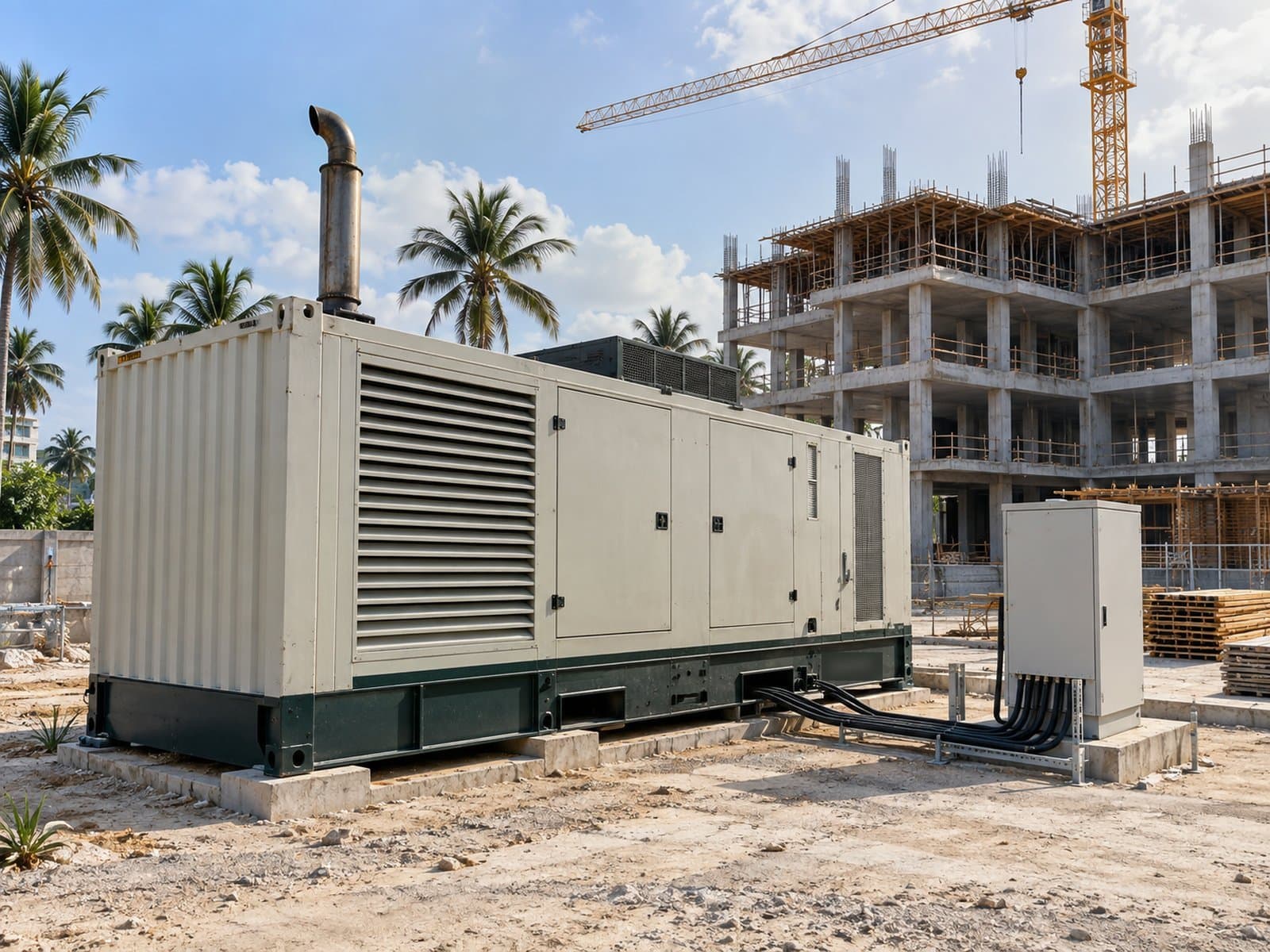 Containerised generator powering a construction site in a coastal city