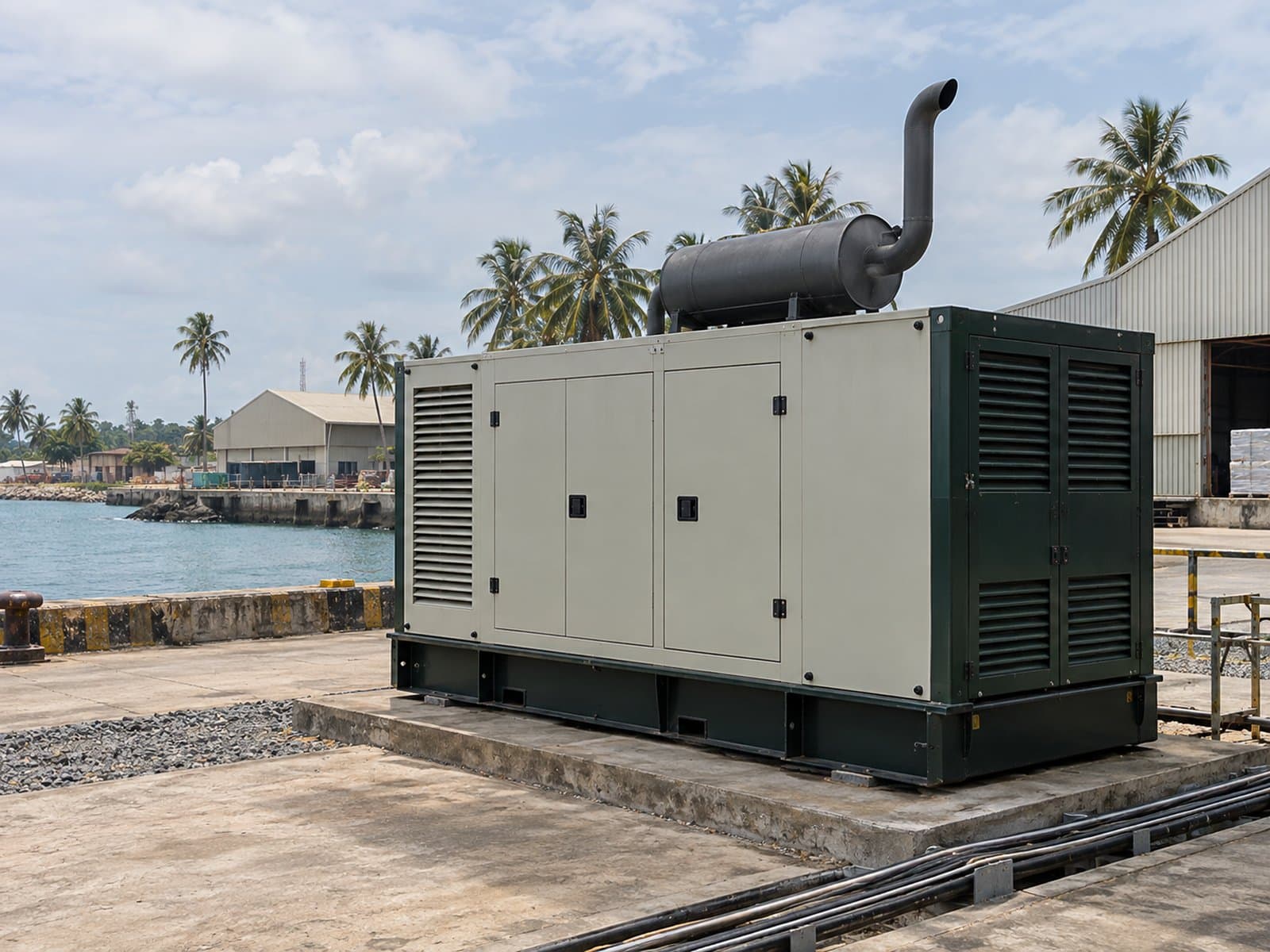 Diesel generator providing power at an industrial site near the coast