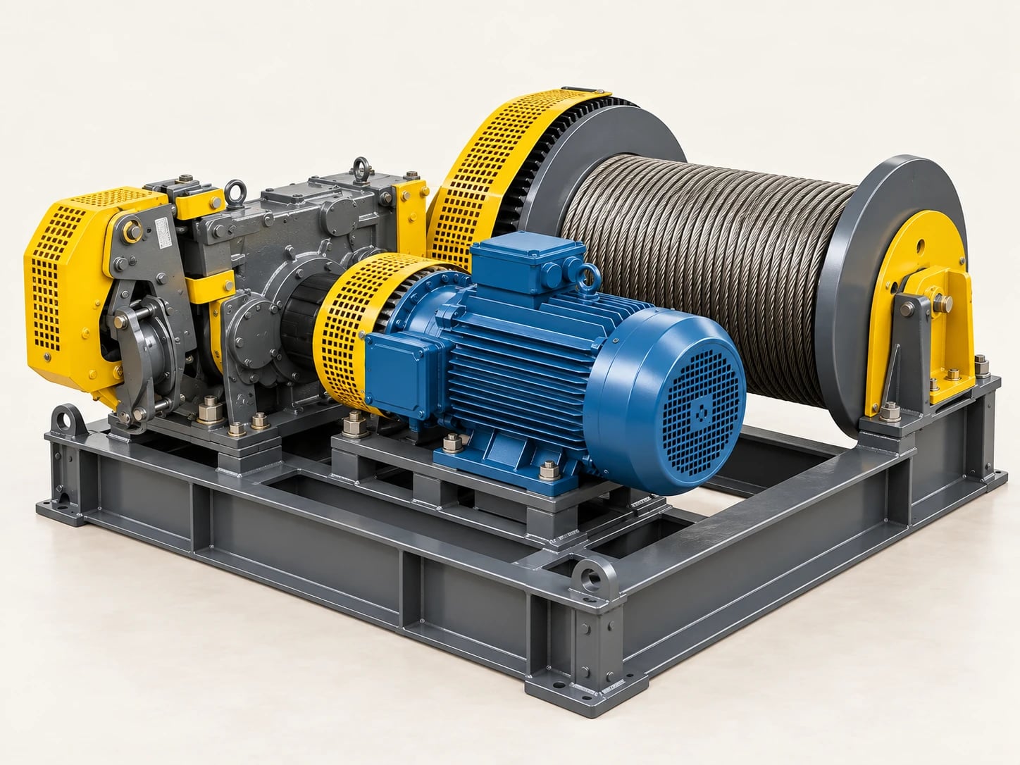 A 2 tonne electric winch uses a motor-driven drum and wire rope for material handling.