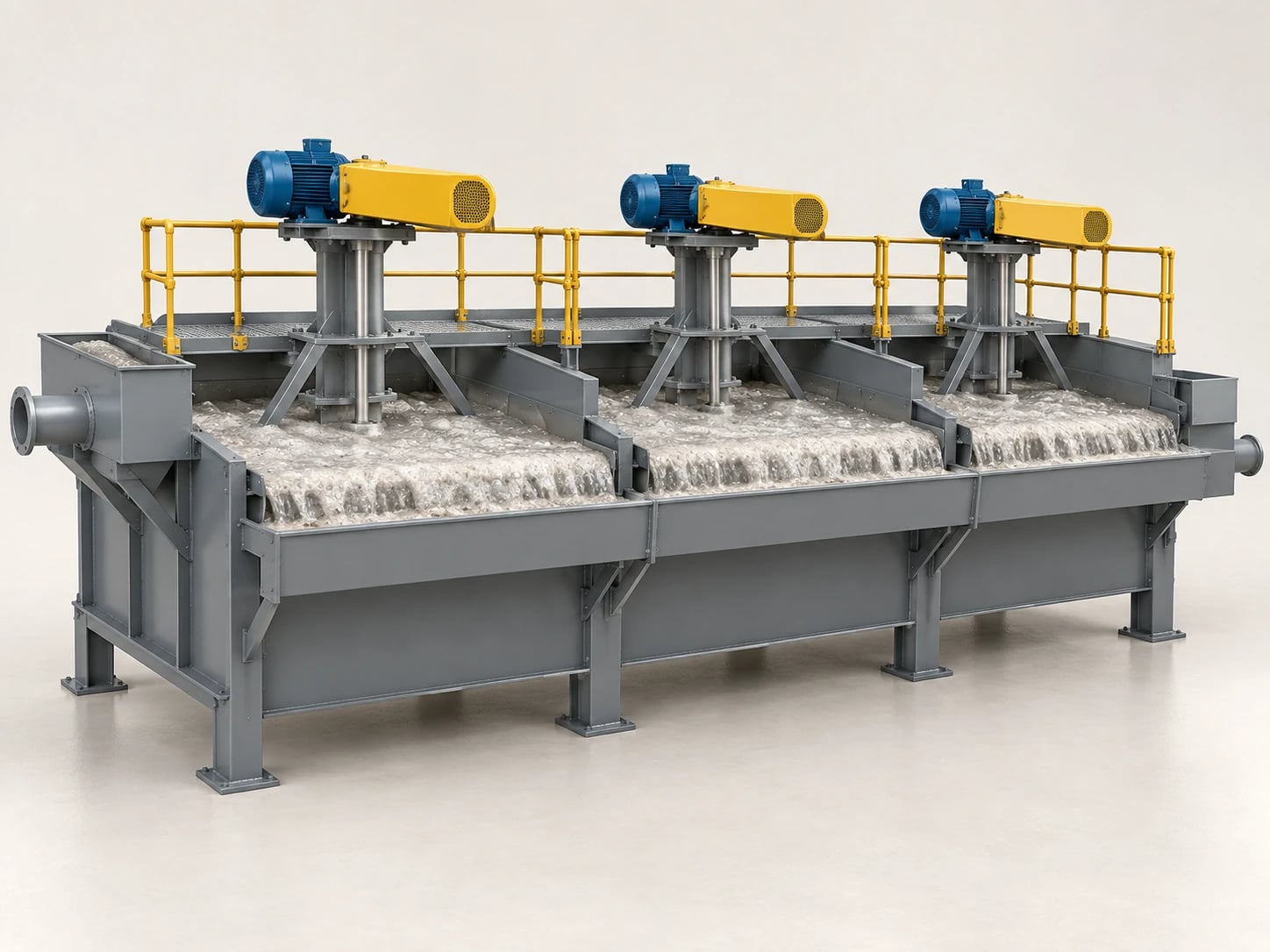 A bank of froth flotation cells: air bubbles carry mineral particles into the froth, which overflows to the concentrate launder while tailings leave the last cell.