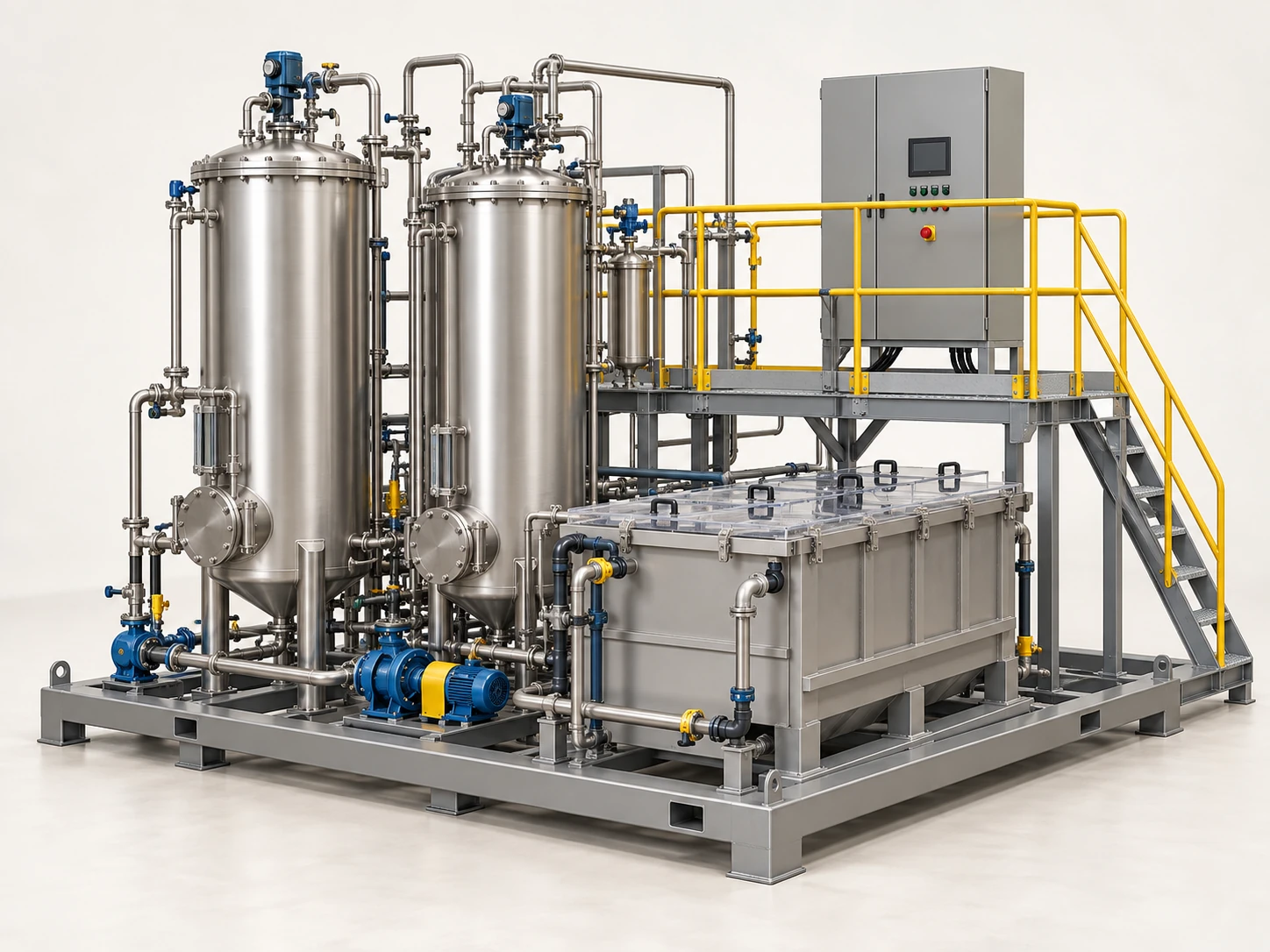 An elution and electrowinning plant removes gold from loaded carbon and recovers it from solution onto electrodes.