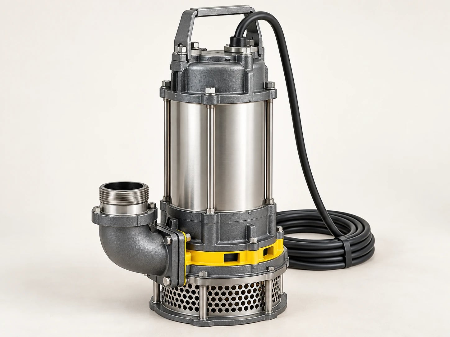 A submersible dewatering pump operates below the water surface to drain sumps, shafts and work areas.