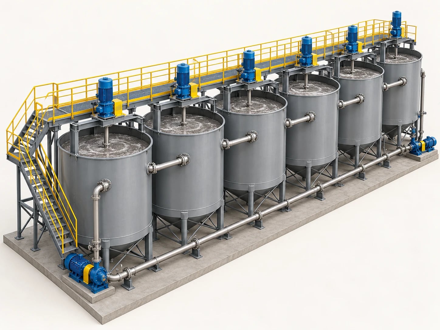 Six agitated gold-processing tanks connected by pipes, with overhead motors, an access walkway and slurry pumps
