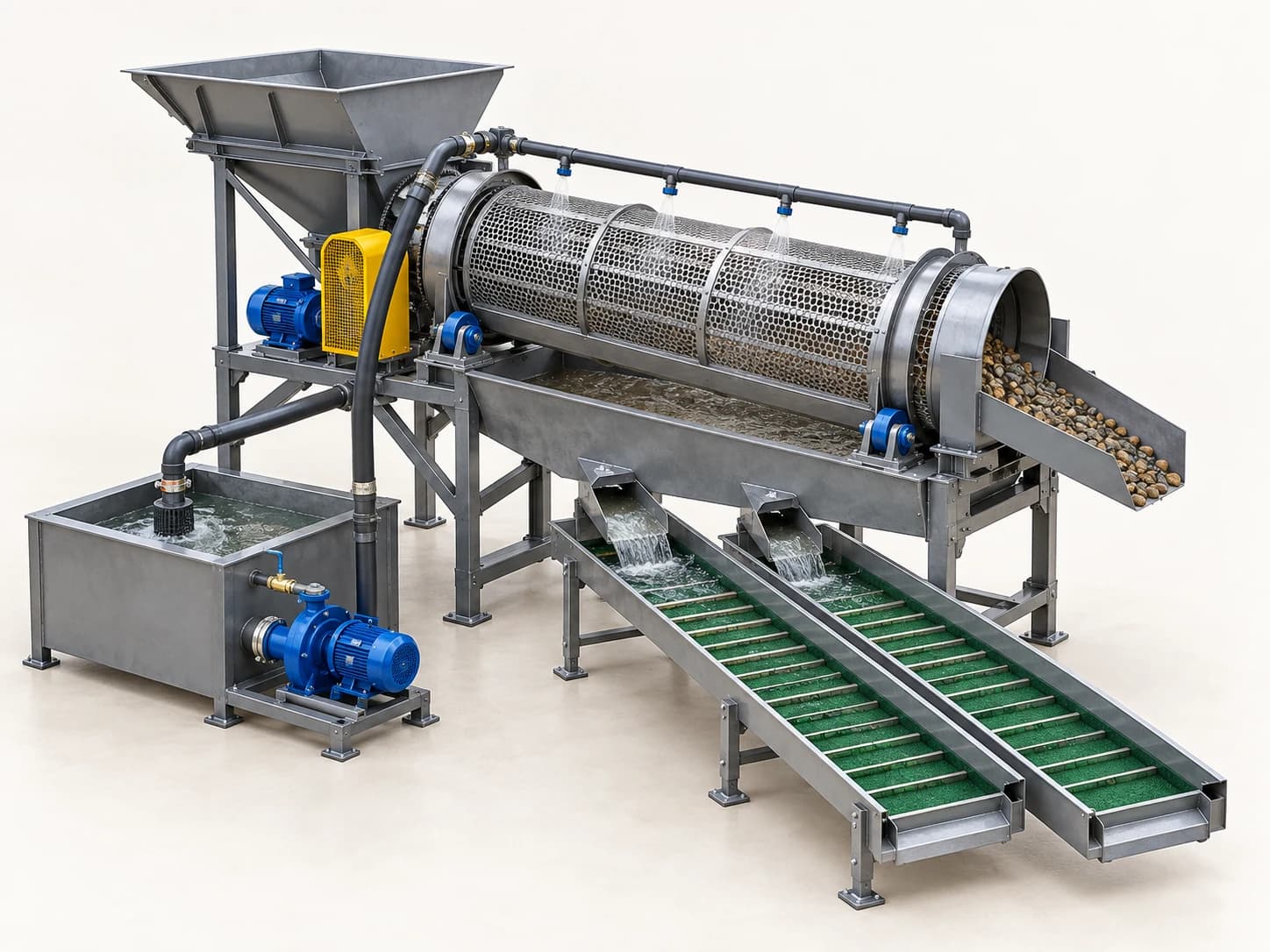 Alluvial gold wash plant with a feed hopper, spray-equipped trommel, twin sluices, water tank and pump