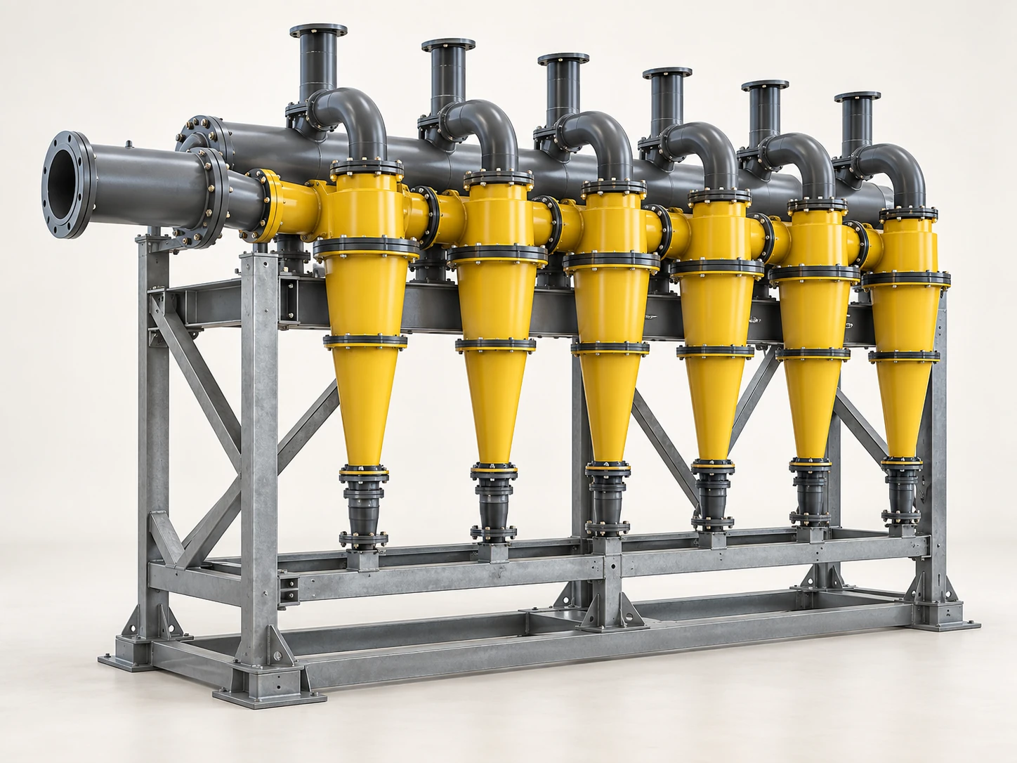 A hydrocyclone classifies particles in slurry, separating a finer overflow from a coarser underflow.