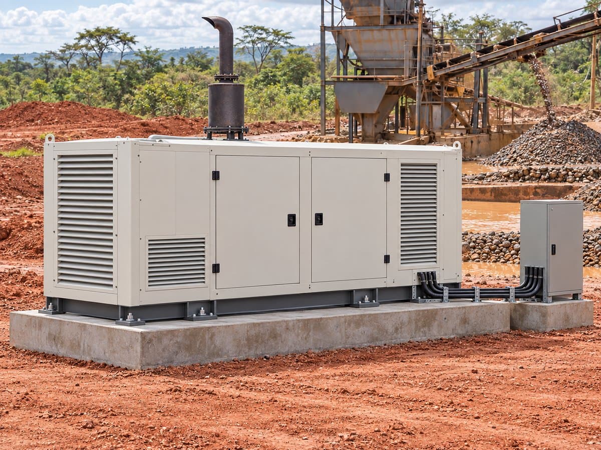 Enclosed diesel generator of around 400 kVA on a concrete plinth beside a small wash plant