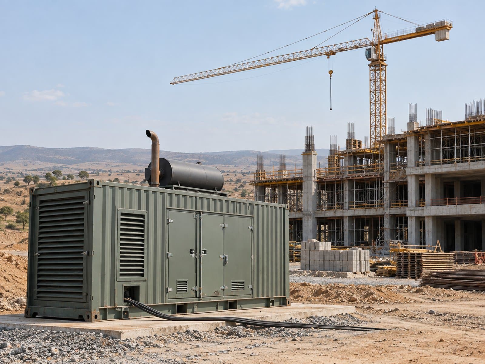 Diesel generator powering a building construction site with a tower crane