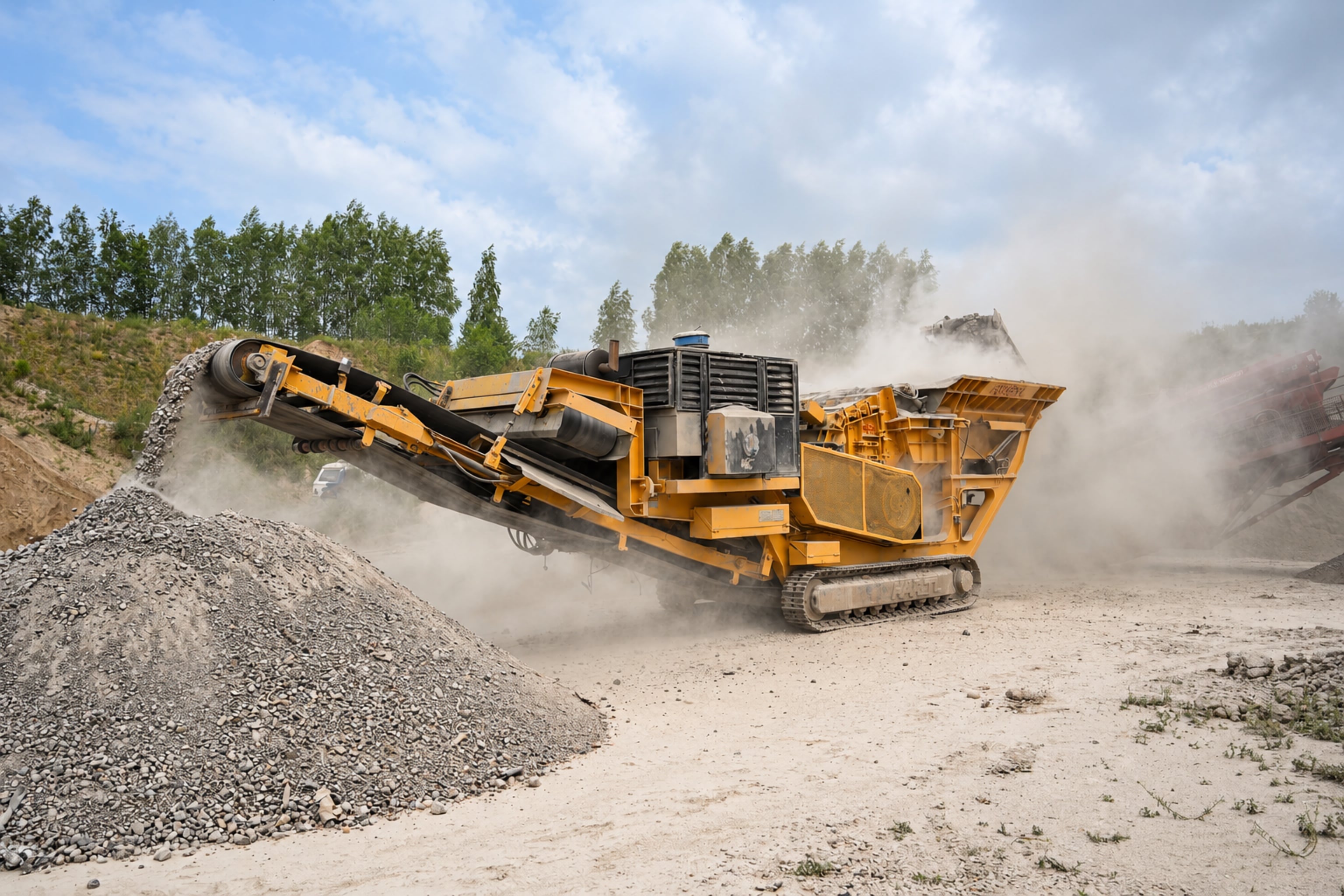 Tracked mobile crusher processing rock beside a stockpile